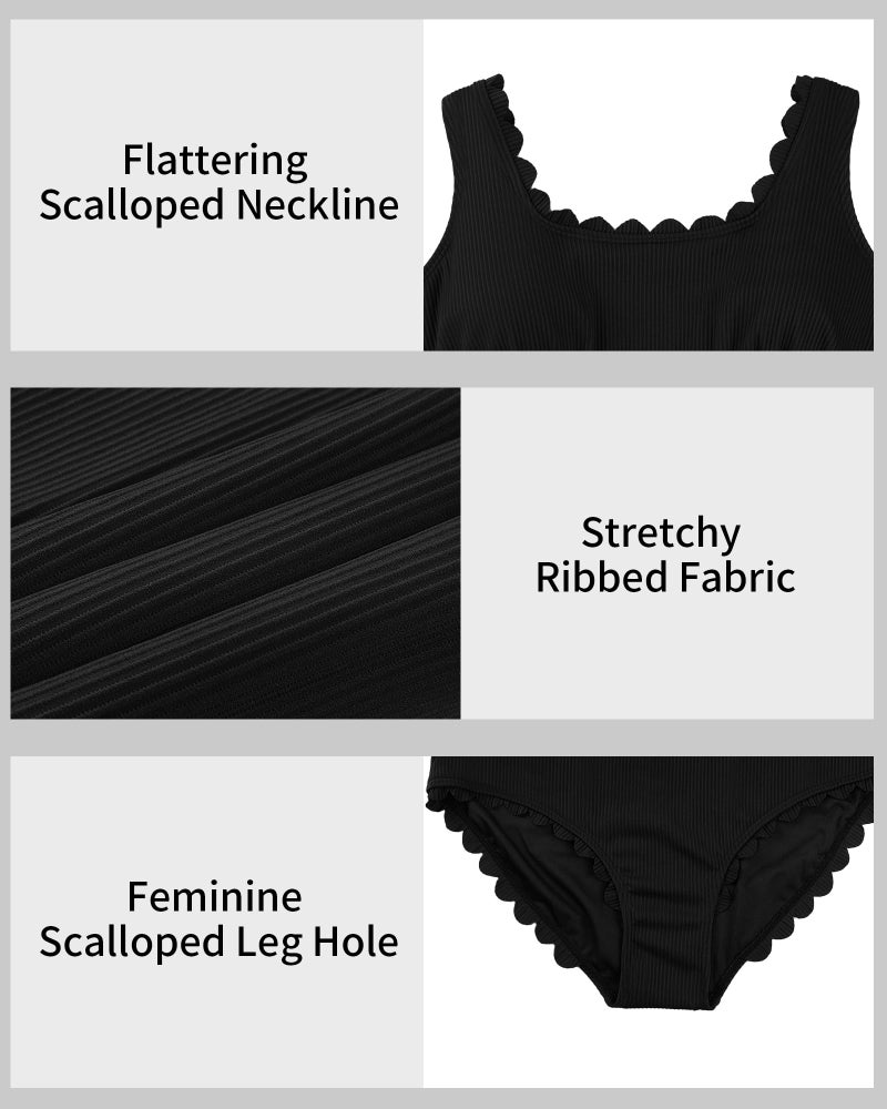 Charmo Plus Size Bathing Suit for Curvy Women One Piece Ribbed Scalloped Tummy Control Ruched Cut Out Swim Suits 2026 Black 2X - Image 4