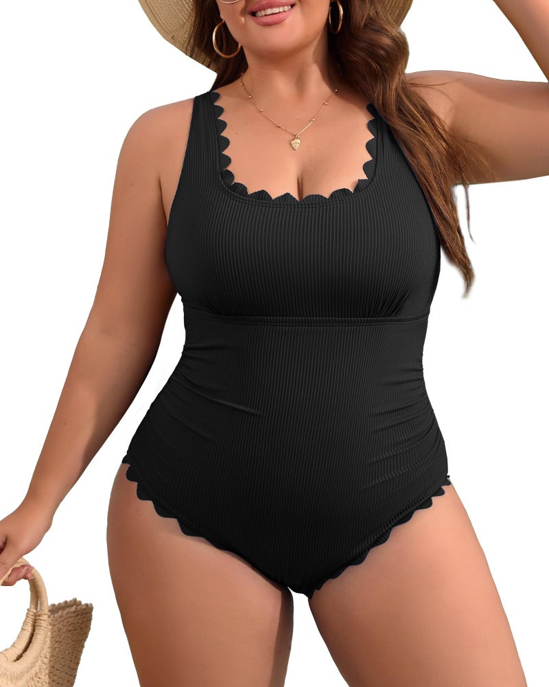 Charmo Plus Size Bathing Suit for Curvy Women One Piece Ribbed Scalloped Tummy Control Ruched Cut Out Swim Suits 2026 Black 2X - Image 1