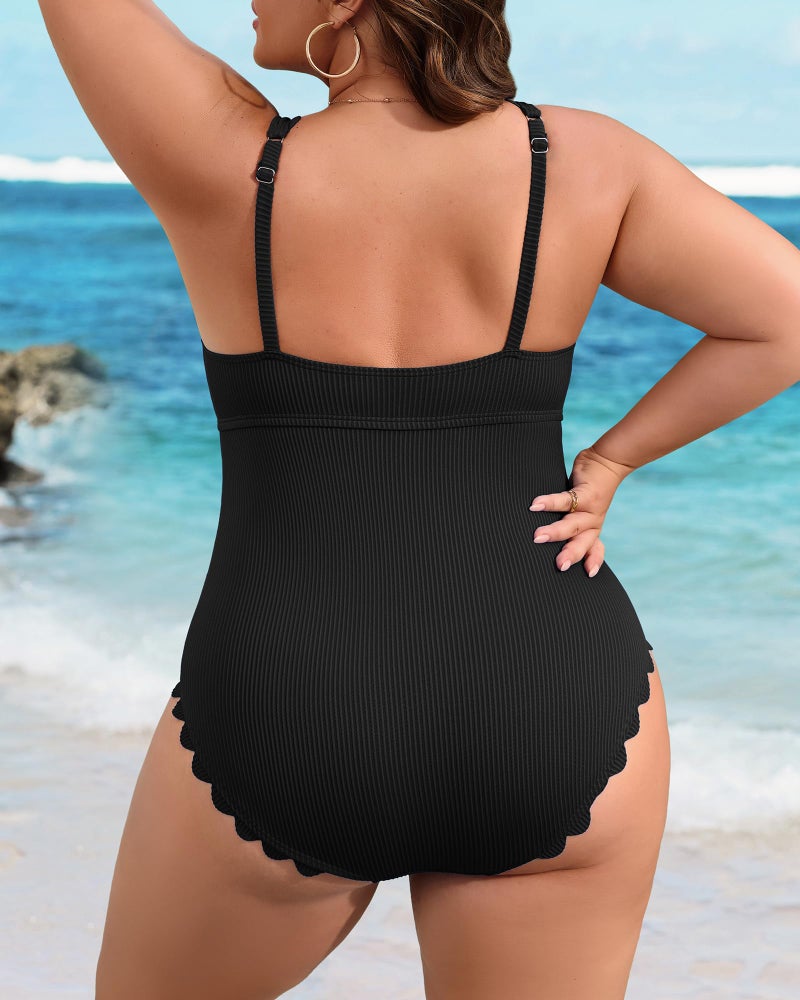 Charmo Plus Size Bathing Suit for Curvy Women One Piece Ribbed Scalloped Tummy Control Ruched Cut Out Swim Suits 2026 Black 2X - Image 2