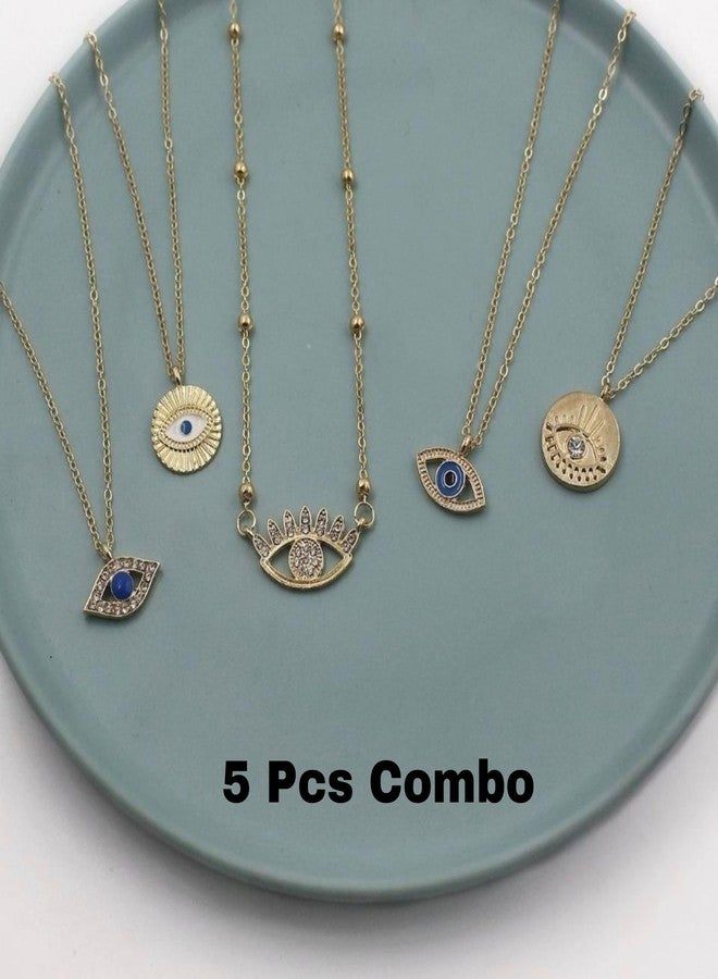 Silly Panda 5 Pcs Combo Latest Western Minimal Evil Eye Pendant Gold Plated Necklace Gifts for Girls Aesthetic Jewelry - Image 2
