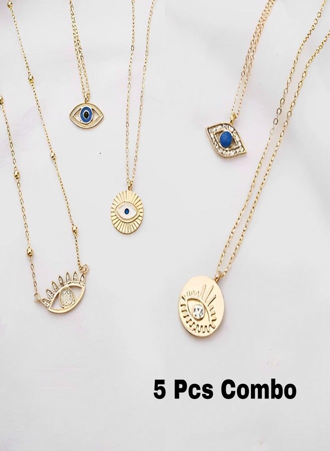 Silly Panda 5 Pcs Combo Latest Western Minimal Evil Eye Pendant Gold Plated Necklace Gifts for Girls Aesthetic Jewelry - Image 3