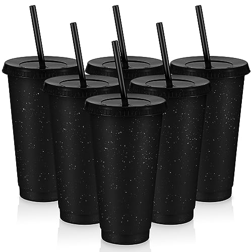 Uiifan 6 Pcs 24 oz Reusable Tumbler with Lids and Straws Plastic Iced Coffee Tumbler Glitter Travel Mug Cup for Smoothie Juices Birthday Party Cold Drink Coffee Cup Bulk for Adult Kid Women Black - Image 1