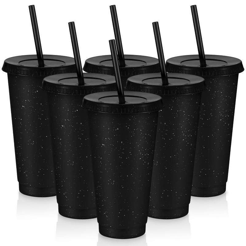 Uiifan 6 Pcs 24 oz Reusable Tumbler with Lids and Straws Plastic Iced Coffee Tumbler Glitter Travel Mug Cup for Smoothie Juices Birthday Party Cold Drink Coffee Cup Bulk for Adult Kid Women Black - Image 2