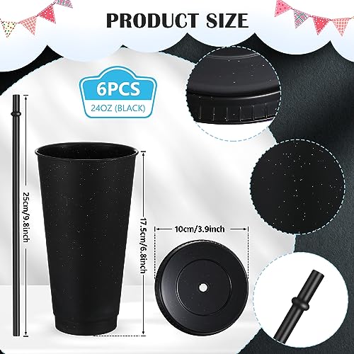 Uiifan 6 Pcs 24 oz Reusable Tumbler with Lids and Straws Plastic Iced Coffee Tumbler Glitter Travel Mug Cup for Smoothie Juices Birthday Party Cold Drink Coffee Cup Bulk for Adult Kid Women Black - Image 3