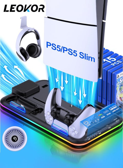 PS5 Slim Cooling Charging Station,with Cooling Station/Dual Controller Charging Station and RGB Light,Headset Holder,15 Game Slots,for PlayStation 5 Slim/Disc/Digital
