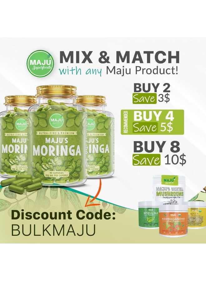 Maju Superfoods Maju'S Organic Moringa Capsules, Oleifera Leaf, Extra-Fine Quality Moringa Leaves, Dried Drumstick Tree Leaves, Organic Moringa Powder Extract Supplement Capsules From Plant (90 Ct)  - Image 4