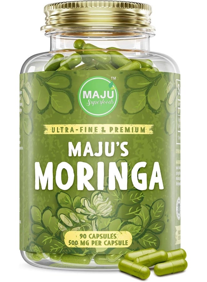Maju Superfoods Maju'S Organic Moringa Capsules, Oleifera Leaf, Extra-Fine Quality Moringa Leaves, Dried Drumstick Tree Leaves, Organic Moringa Powder Extract Supplement Capsules From Plant (90 Ct)  - Image 1