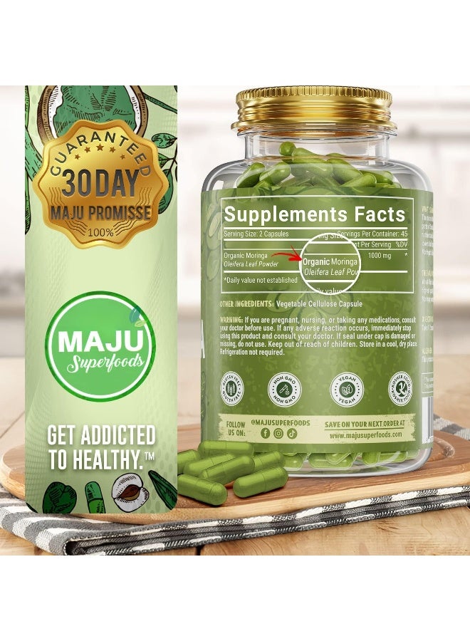 Maju Superfoods Maju'S Organic Moringa Capsules, Oleifera Leaf, Extra-Fine Quality Moringa Leaves, Dried Drumstick Tree Leaves, Organic Moringa Powder Extract Supplement Capsules From Plant (90 Ct)  - Image 3