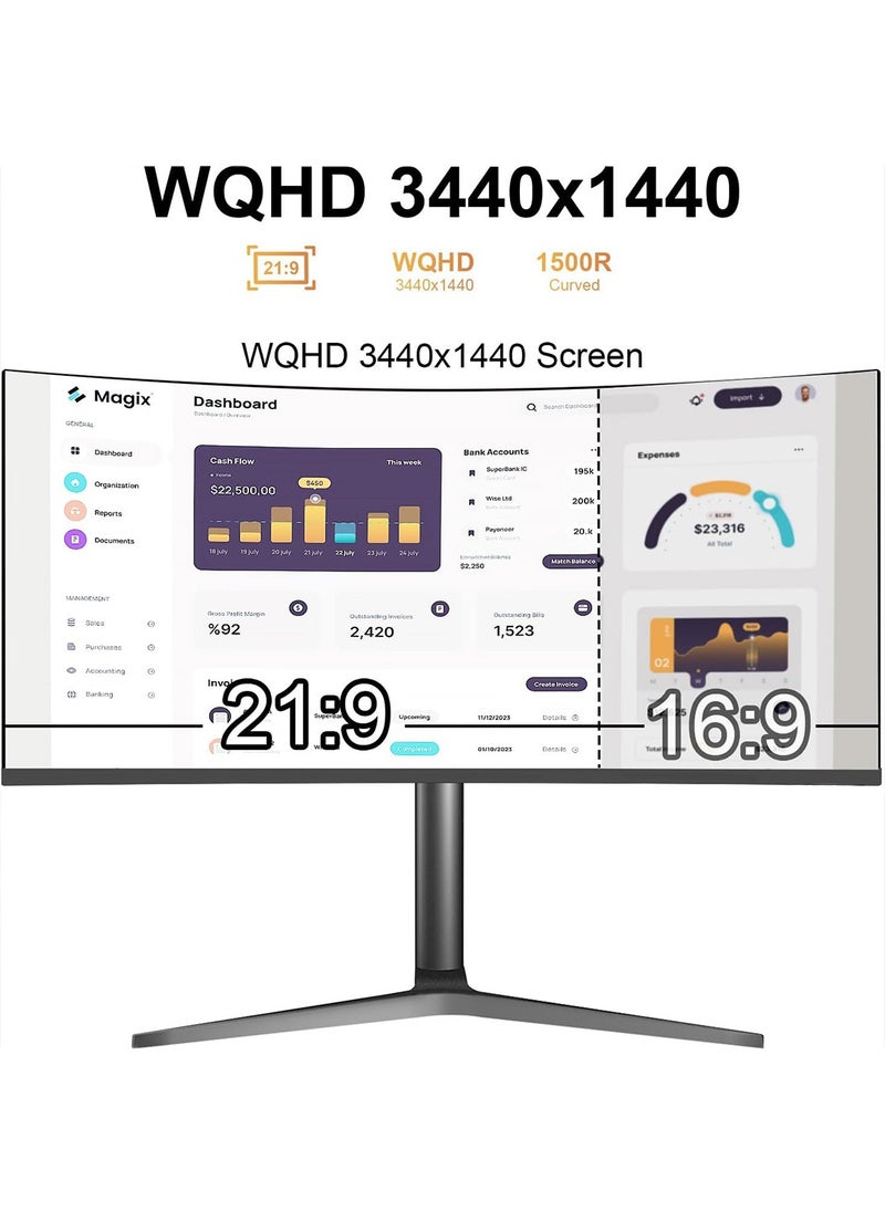 34 Inch WQHD Curved Monitor, 165Hz, 4K,VA, AMD FreeSync, Height Adjust PC Monitor, 1ms (MPRT), Curve 1500R, FreeSync Premium, LED Display High Contrast Ratio HDMI & DP Interface 10 bit Color Wide View