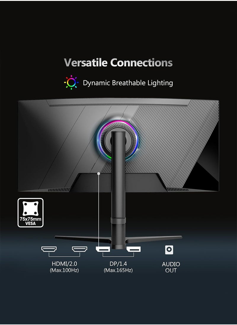 34 Inch WQHD Curved Monitor, 165Hz, 4K,VA, AMD FreeSync, Height Adjust PC Monitor, 1ms (MPRT), Curve 1500R, FreeSync Premium, LED Display High Contrast Ratio HDMI & DP Interface 10 bit Color Wide View