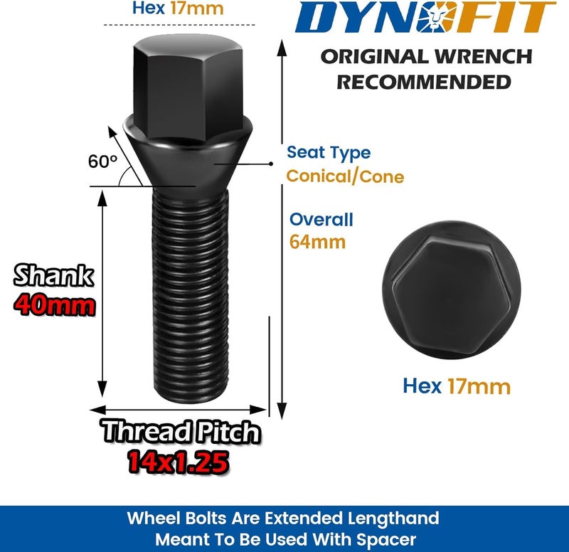 dynofit Store m14x1.25 Extended Lug Bolts for F12 F13 F20 F80 F10 F82 F22 F23 F45 F46 F30 F32 F01 F25 F26, 40mm Long Wheel Bolt fit M2 M3 M4 M6, 20pcs Aftermarket ET Lugbolt Set fit Mini R60 R61 - Image 2