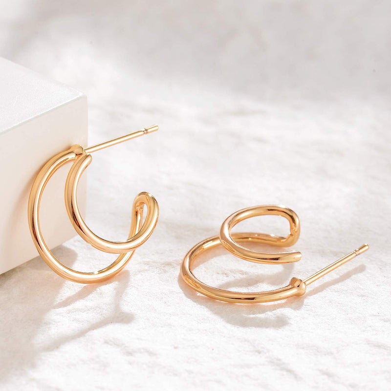 MYEARS Women Double Hoop Earrings Gold Open C Shape 14K Gold Filled Small Simple Handmade Hypoallergenic Everyday Illusion Jewelry - Image 5