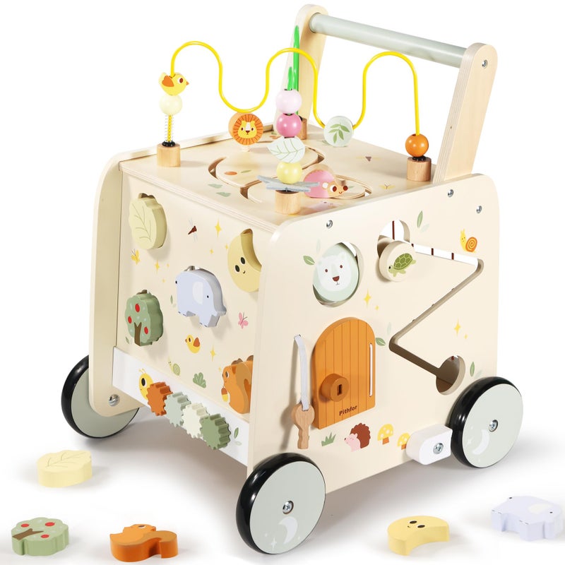 Pithfor Wooden Activity Cube Push Walker Wooden Baby Walker Montessori Push Toys for Babies Learning to Walk SittoStand - Image 2