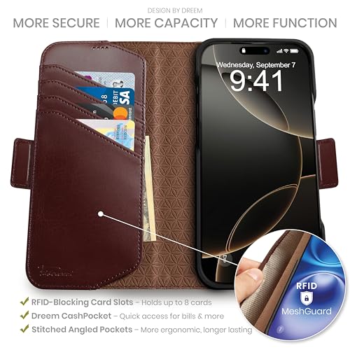 Dreem Wallet Case for iPhone 16 Pro Revolutionary VertHor Phone Stand Magnetic Detachable Vegan Leather Flip Cover RFID Blocking Card Holder MagSafeFit Gift Box Fibonacci Coffee - Image 3