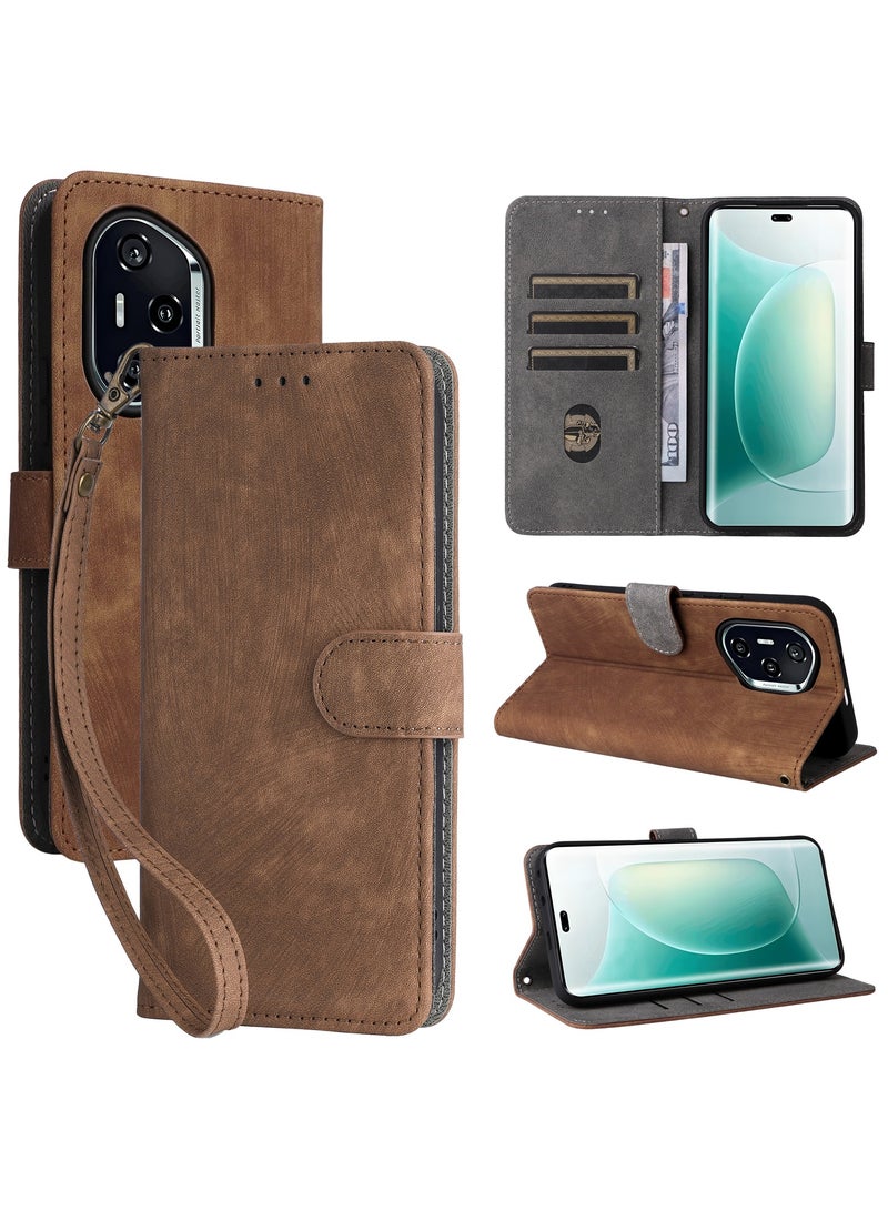 For Honor 400 Flip Cover with Detachable lanyard, PU Leather Full Body Protection Shockproof Flip Mobile Phone Case, RFID Anti-theft Brush Folio Wallet Case - Image 1