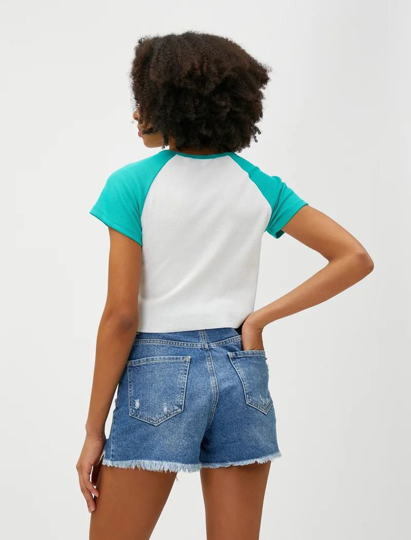 KOTON Crop T-Shirt Embroidered Short Sleeve Crew Neck