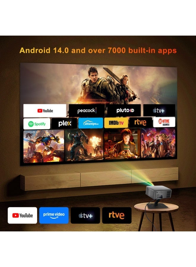 جهاز عرض ذكي صغير بدقة 4K، بسطوع 12,000 لومن ودقة أصلية 1080P، مزوّد بوظيفتي التركيز التلقائي وتصحيح التشويه التلقائي (Auto Focus & Keystone)، ويدعم تقنية البلوتوث 5.2 وواي فاي 6.0، ويعمل بنظام Android 14، ويحتوي على تطبيقات مدمجة. جهاز عرض محمول مزوّد بحامل، متوافق مع الهواتف الذكية وأجهزة الحاسوب المحمولة وأجهزة الكمبيوتر وعصا التلفزيون (TV Stick). - Image 2