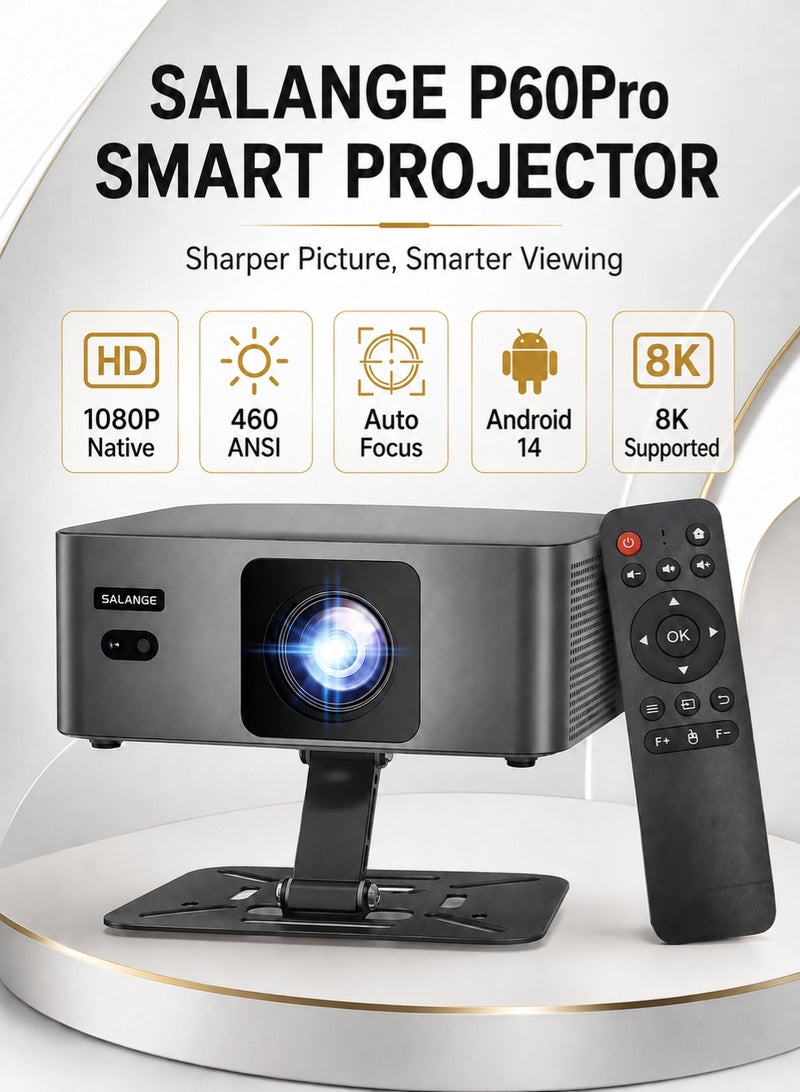 Salange Smart Mini 4K Projector,12000Lumens Native 1080P,Auto Focus & Keystone,BT5.2 & WiFI 6.0, Android 14,Built-in Apps Portable Projector with Stand for Smartphone/Laptops/PC/TV Stick - Image 1