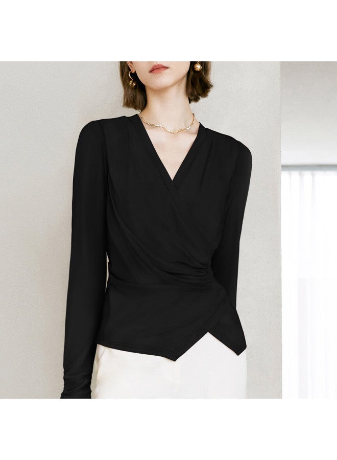 Yanyee Black Slim Fit Shirt For Women Autumn Versatile V-neck Long Sleeve Waist-cinching Blouse Black M/38 - Image 2