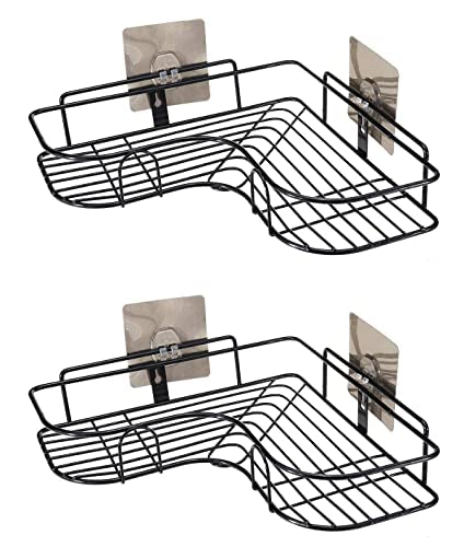 TECHNOVIBES رف زاوية معدني ذاتي اللصق لتخزين الحمام، رف تخزين الحمام الزاوي، معدني، أسود (الحجم: - 27سم × 27سم × 6سم) (عبوة من 2) - Image 2