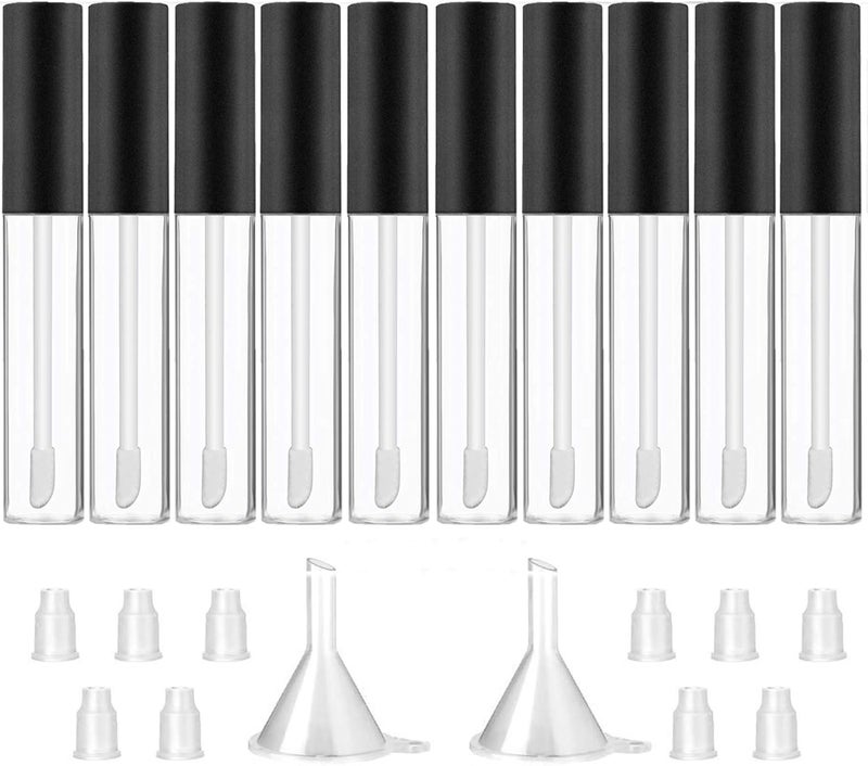 GTHER 10ML Lip Gloss Tubes Empty Empty Lip Gloss Containers Clear Refillable Lip Balm Bottles with Rubber Inserts and Funnel for Lip Samples Set of 10 Matte Black  Transparent