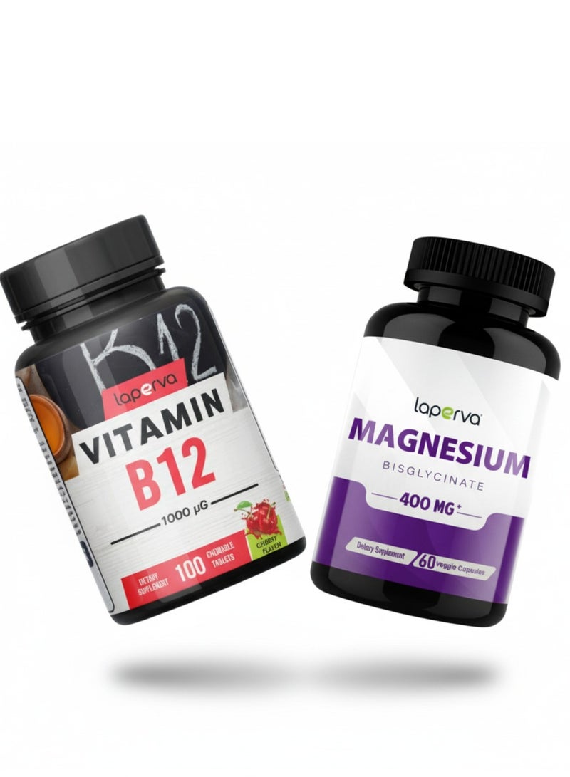 Laperva Energy & Wellness Bundle Vitamin B12 1000 mcg, Cherry Flavour 100 Chewable Tablets + Magnesium Bisglycinate 400 mg, 60 Veggie Capsules, Boost Daytime Energy & Nighttime Wellness - Image 1