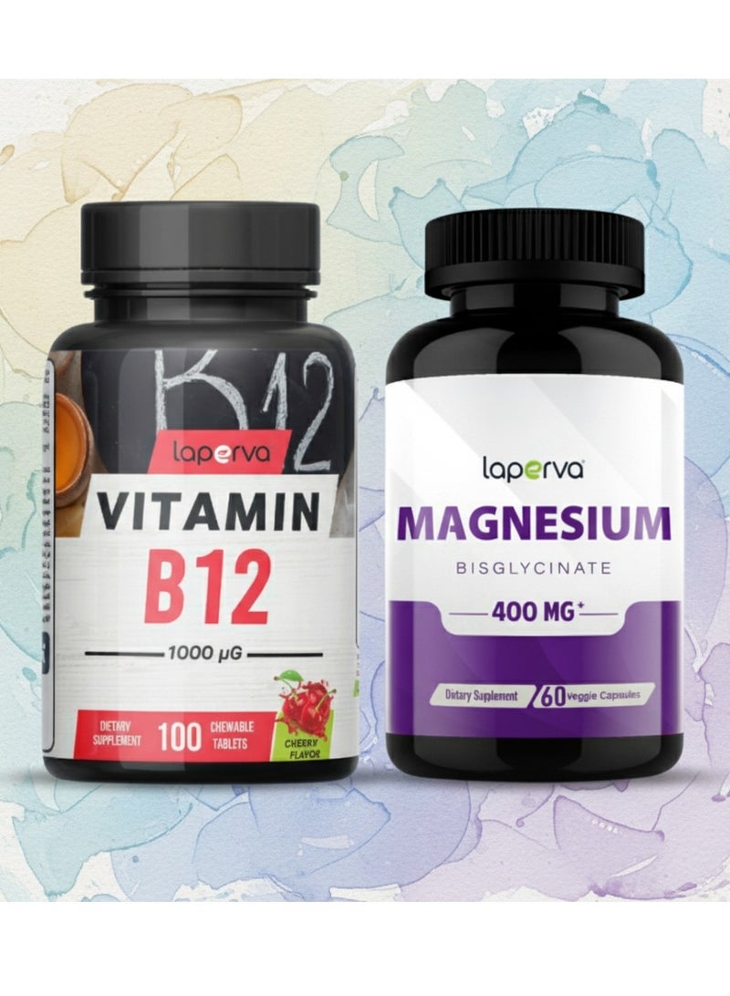 Laperva Energy & Wellness Bundle Vitamin B12 1000 mcg, Cherry Flavour 100 Chewable Tablets + Magnesium Bisglycinate 400 mg, 60 Veggie Capsules, Boost Daytime Energy & Nighttime Wellness - Image 4