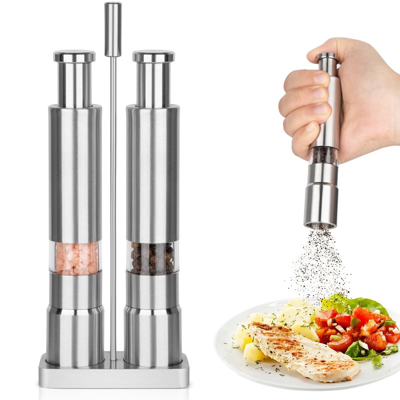 Shker Salt and Pepper Grinder Set,Small Stainless Steel Manual Salt Grinder,Thumb Refillable Mini Salt Grinders Shakers With Base For Kitchen, Home, Travel, Camping, Cooking(Silvery) - Image 1