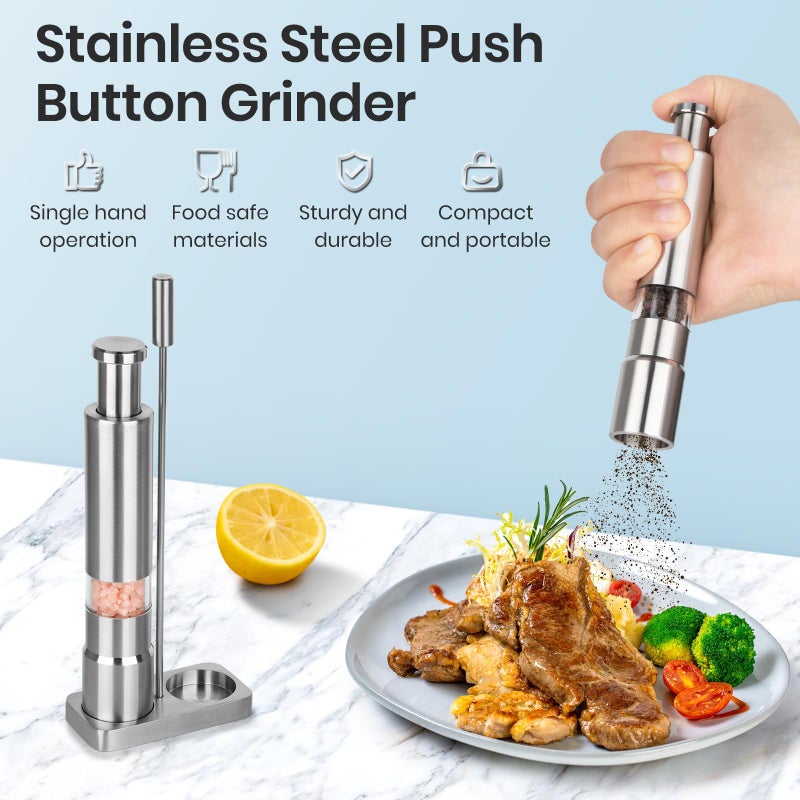 Shker Salt and Pepper Grinder Set,Small Stainless Steel Manual Salt Grinder,Thumb Refillable Mini Salt Grinders Shakers With Base For Kitchen, Home, Travel, Camping, Cooking(Silvery) - Image 2
