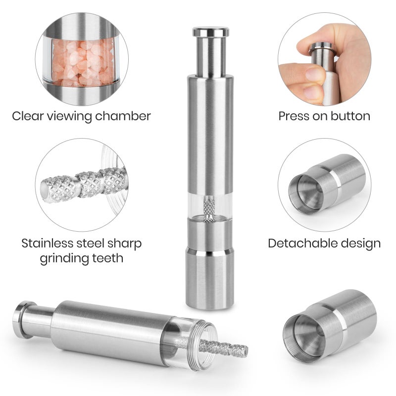 Shker Salt and Pepper Grinder Set,Small Stainless Steel Manual Salt Grinder,Thumb Refillable Mini Salt Grinders Shakers With Base For Kitchen, Home, Travel, Camping, Cooking(Silvery) - Image 4