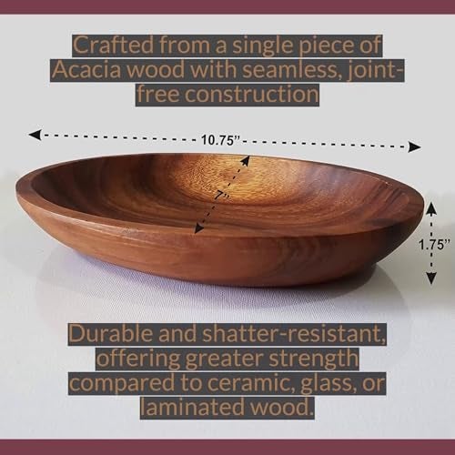 WRIGHTMART Acacia Wood Oval Bowl, Handmade, Rustic Server for Foods, Salads, Fruits, Bread - Dining Table & Kitchen Counter Décor - Entryway Key & Coin Catch-All Tray, 10.75" x 7" x 1.75" - Image 4