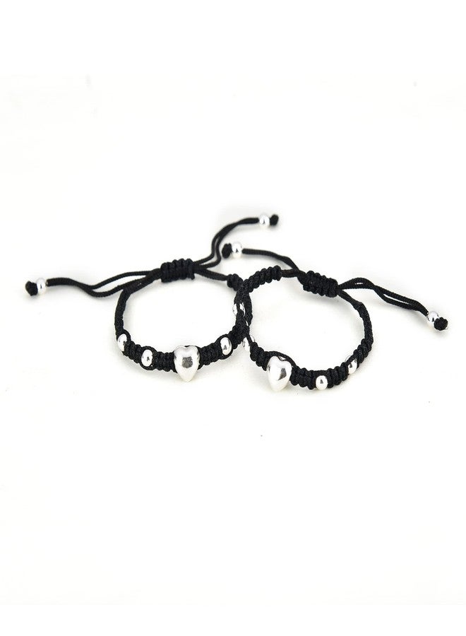 DHRUVS COLLECTION EXCLUSIVE Pair Of 925 Pure Silver Black Thread Adjustable Bracelet With Heart Charm and Silver Balls For Baby Boy and Baby Girls - Image 1