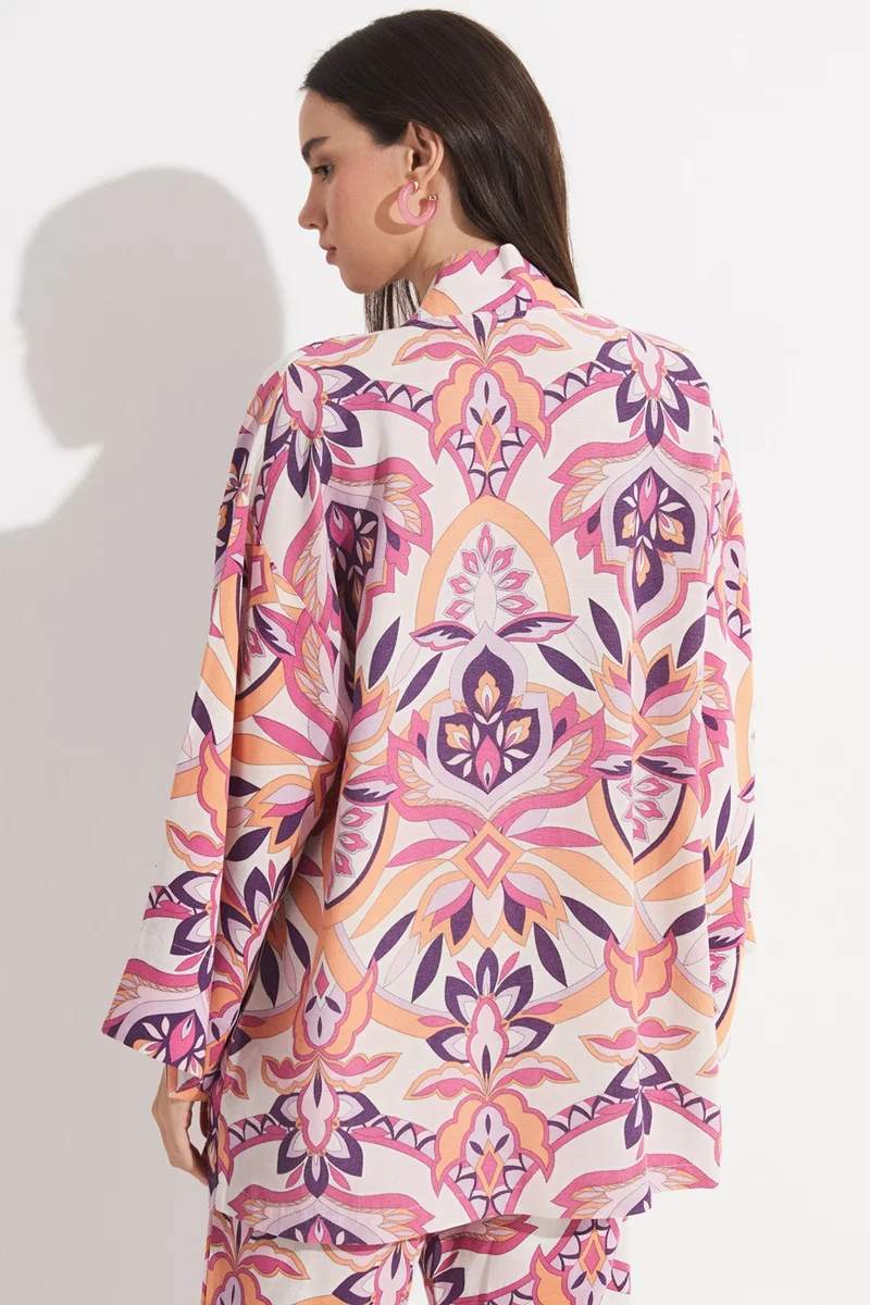 JUNE Women's Exclusive Floral Patterned Linen Blend Woven Kimono&Caftan
