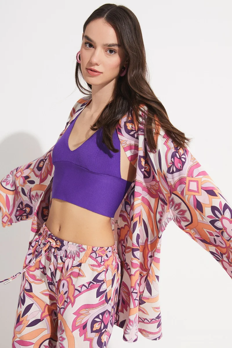 JUNE Women's Exclusive Floral Patterned Linen Blend Woven Kimono&Caftan