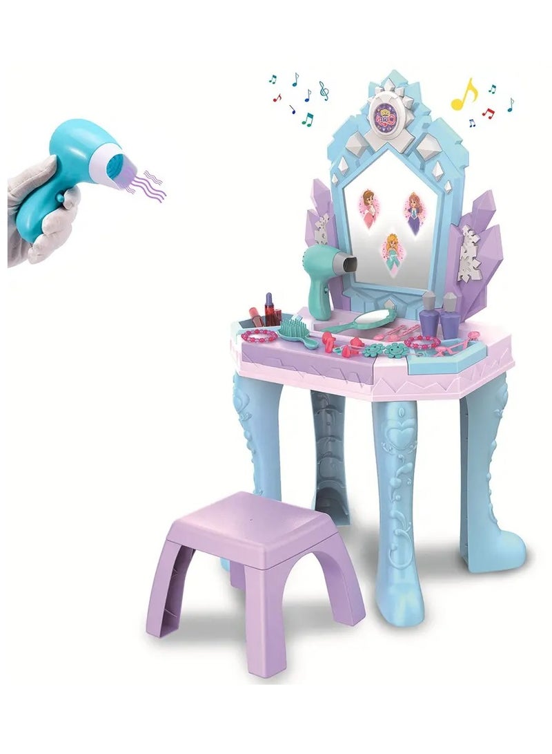 Bohui Girls Electric Beauty Princess Dresser Table Toy Pretend Play Dressing Vanity Makeup Table Set With Light for Kids - Image 1