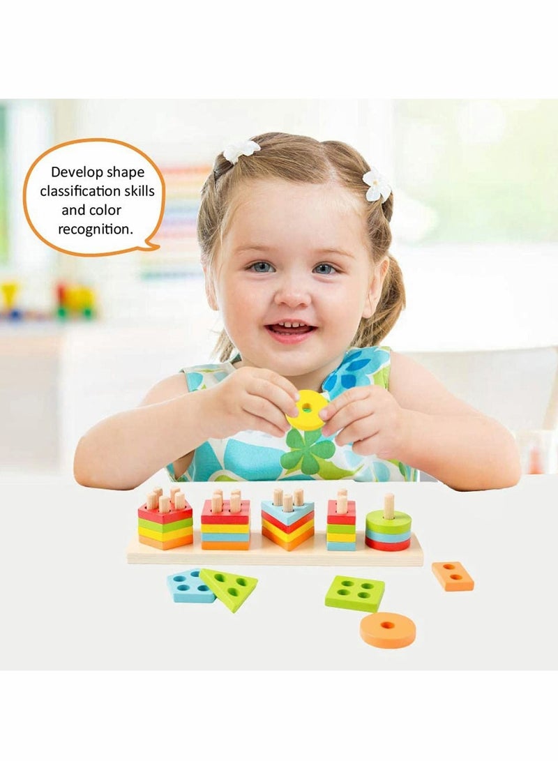 Excefore Wooden Sorting & Stacking Toy, Shape Sorter Toys for Toddlers, Montessori Color Recognition Stacker, Early Educational Block Puzzles for 1 2 3 Years Old Boys and Girls (5 Shapes) - Image 2