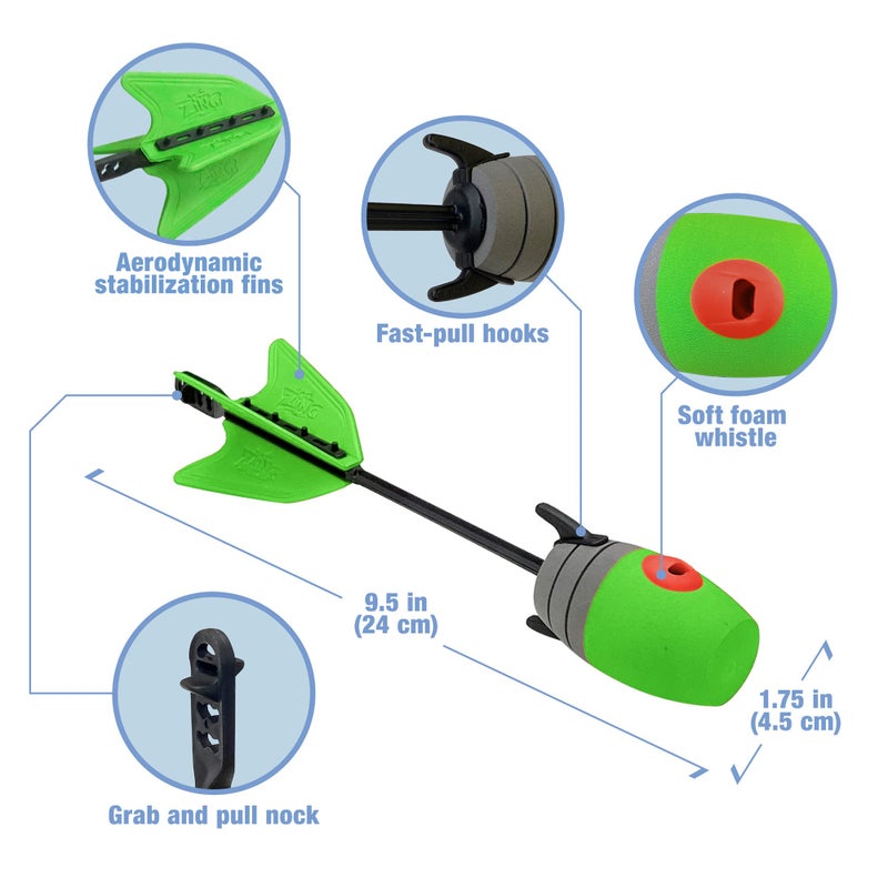 Zing HyperStrike Bow Archer Pack, 1 Clear Green Bow, 6 Green Zonic Whistle Arrows and 1 Set of Orange Bungee, Shoots Arrows Up to 250 Feet - Image 4