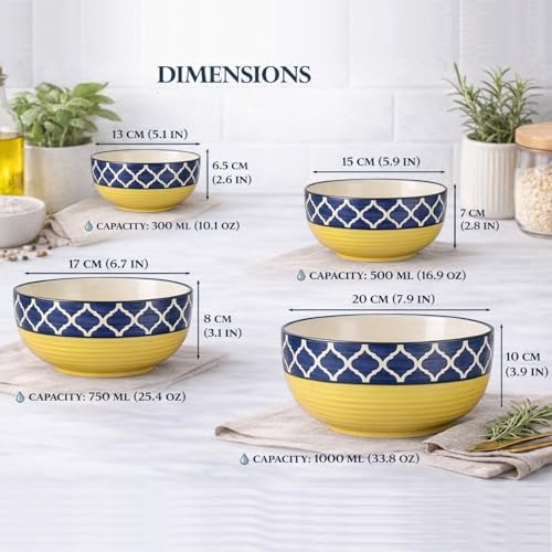 SEPARATE WAY Ceramic Bowls – Pasta Bowl Ceramic Set with Moroccan Yellow & Blue Print, 1000ML, 750ML, 500ML & 300ML – Mixing, Serving, Salad & Rice Bowls for Eating - Image 4