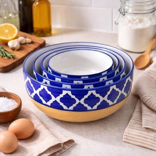 SEPARATE WAY Ceramic Bowls – Pasta Bowl Ceramic Set with Moroccan Yellow & Blue Print, 1000ML, 750ML, 500ML & 300ML – Mixing, Serving, Salad & Rice Bowls for Eating - Image 2
