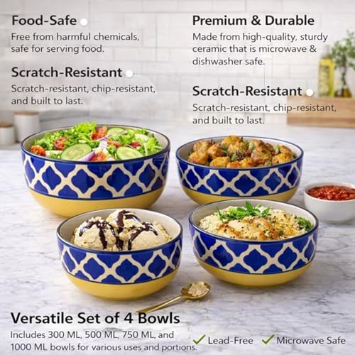 SEPARATE WAY Ceramic Bowls – Pasta Bowl Ceramic Set with Moroccan Yellow & Blue Print, 1000ML, 750ML, 500ML & 300ML – Mixing, Serving, Salad & Rice Bowls for Eating - Image 5