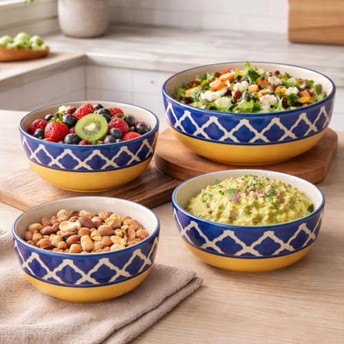 SEPARATE WAY Ceramic Bowls – Pasta Bowl Ceramic Set with Moroccan Yellow & Blue Print, 1000ML, 750ML, 500ML & 300ML – Mixing, Serving, Salad & Rice Bowls for Eating - Image 3