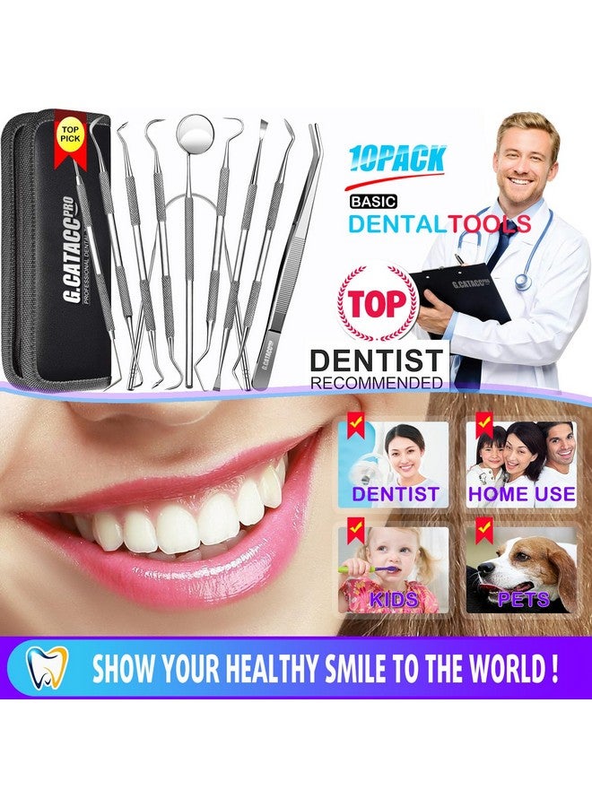 G.CATACC Dental Tools 10 Pack Professional Plaque Remover Teeth Cleaning Tools Set Stainless Steel Dental Hygiene Kit With Dental Picks Tartar Scraper Tooth Scaler Tongue Scraper With Case - Image 2