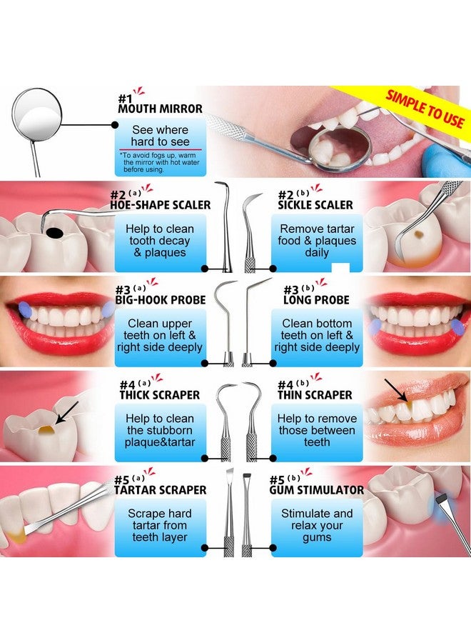 G.CATACC Dental Tools 10 Pack Professional Plaque Remover Teeth Cleaning Tools Set Stainless Steel Dental Hygiene Kit With Dental Picks Tartar Scraper Tooth Scaler Tongue Scraper With Case - Image 5