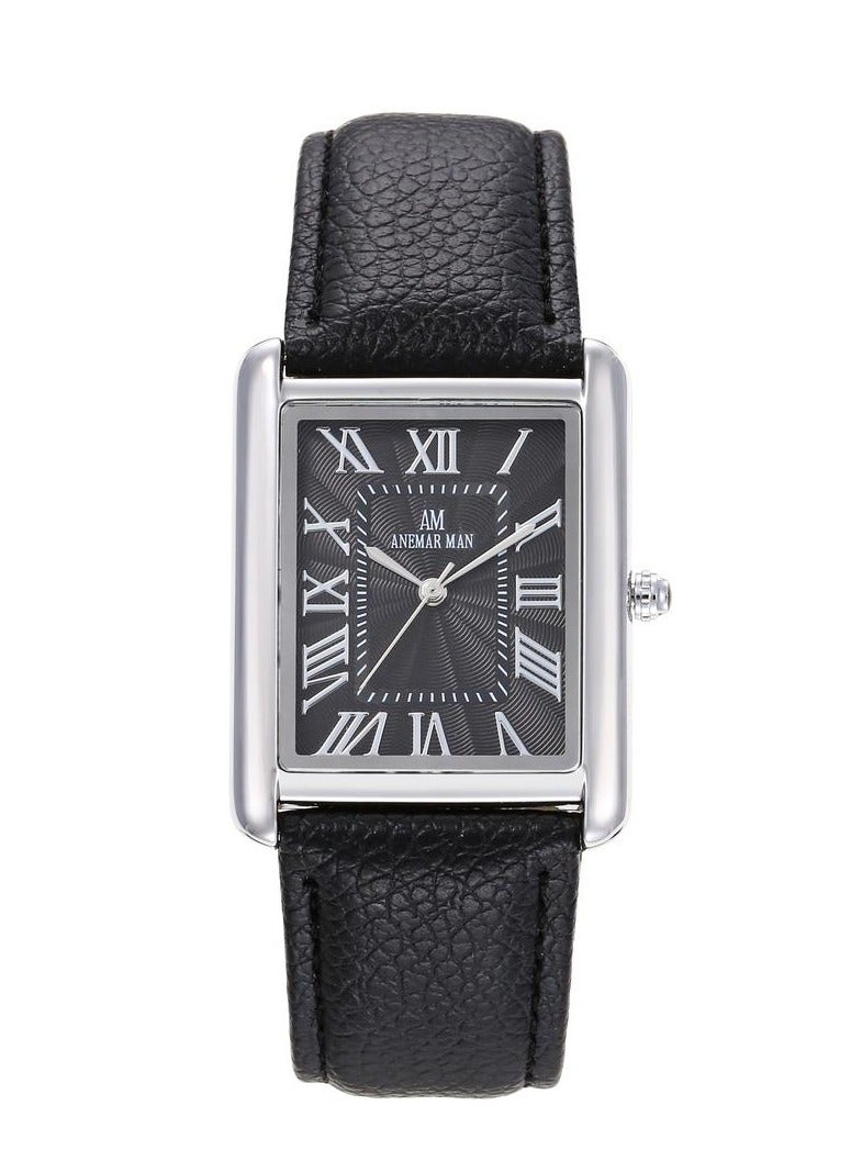 ANEMAR MAN Men's waterproof leather watch with high quality, black strap and black dial