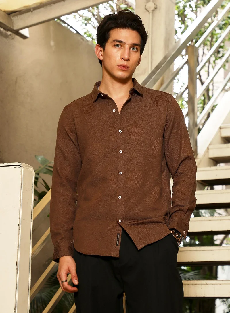 Campus Sutra Campus Sutra Men's Chocolate Brown Rosa-Jacquard Shirt | Spread Collar , Long  Cuffed Sleeves , Button Closure | Solid Jacquard | Cotton-Blend Shirt For Casual Wear