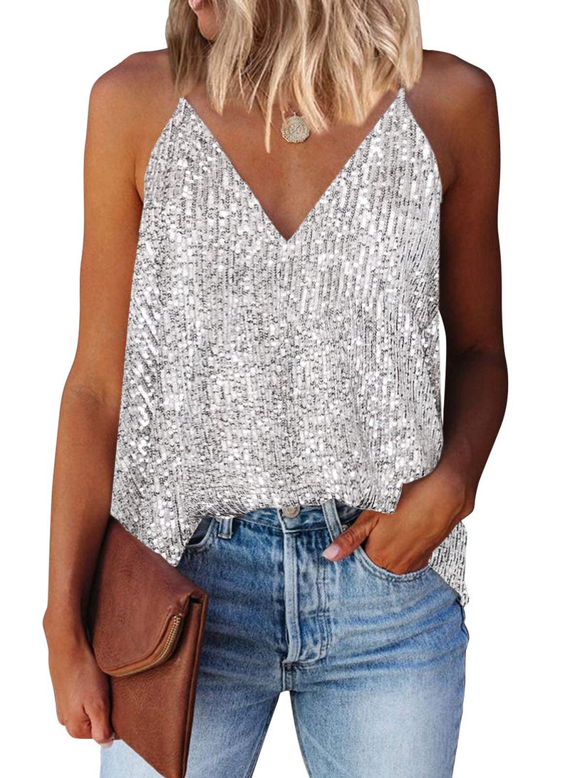 miduo Women's Tank Tops Summer Casual Fashion Sequin V Neck Strappy Tanks Tops Cami Shirts Sleeveless Tops Blouses for Women Silver L - Image 1