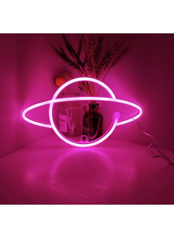 NIBEMINENT Neon Led Planet Sign Shaped Wall Decor Light Pink 