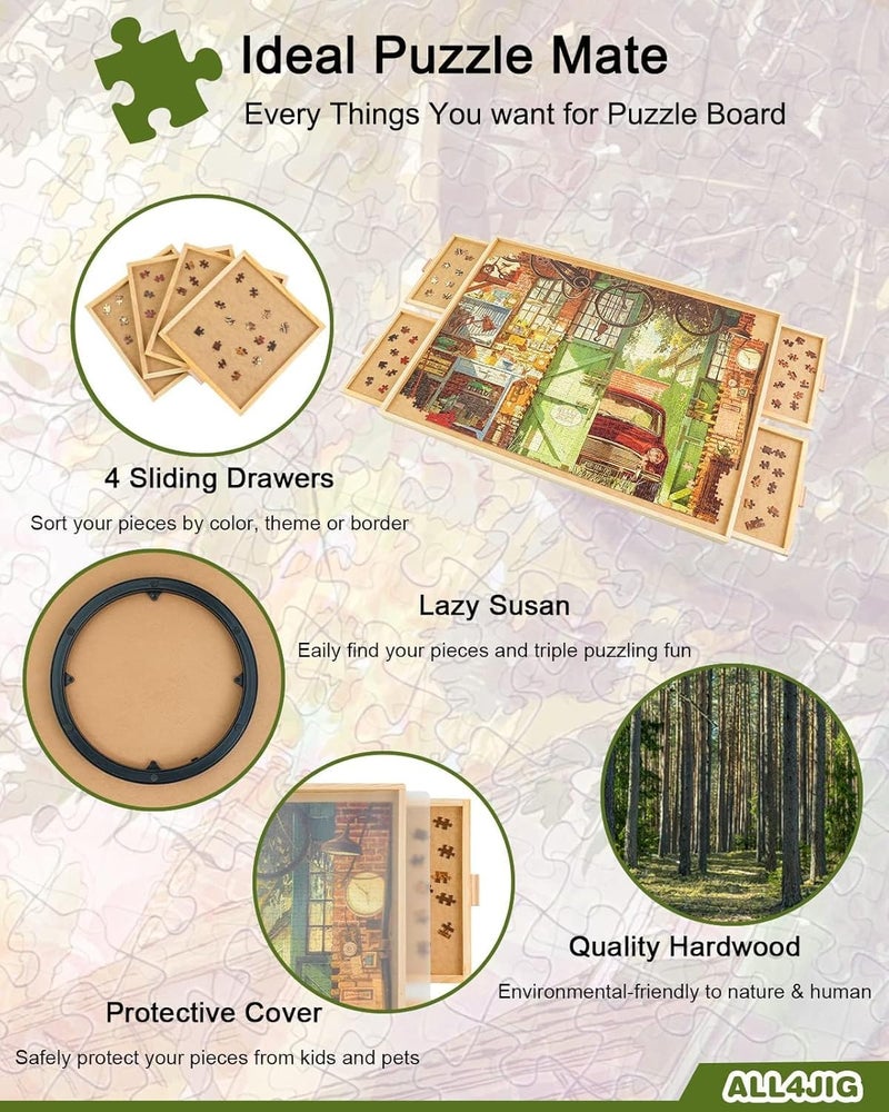 ALL4JIG 1000 Piece Rotating Puzzle Board with 4 Drawers 20.94"x28.74"Portable Wooden Jigsaw Puzzle Table for Adults Portable,Lazy Susan Spinning Puzzle Boards Birthday Gift for mom - Image 3