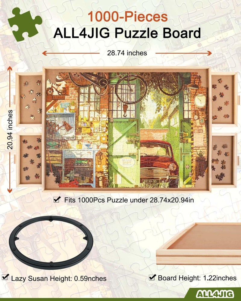 ALL4JIG 1000 Piece Rotating Puzzle Board with 4 Drawers 20.94"x28.74"Portable Wooden Jigsaw Puzzle Table for Adults Portable,Lazy Susan Spinning Puzzle Boards Birthday Gift for mom - Image 2
