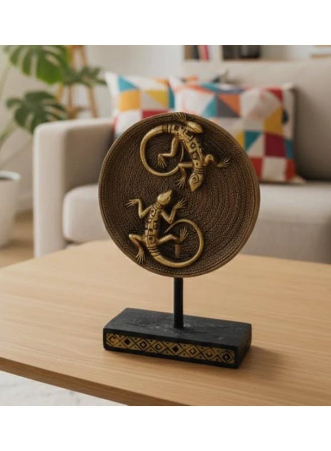 AKDC Polyresin Twin Lizards on Round Base Figurine – Gold Decorative Animal Sculpture 21 cm - Image 1